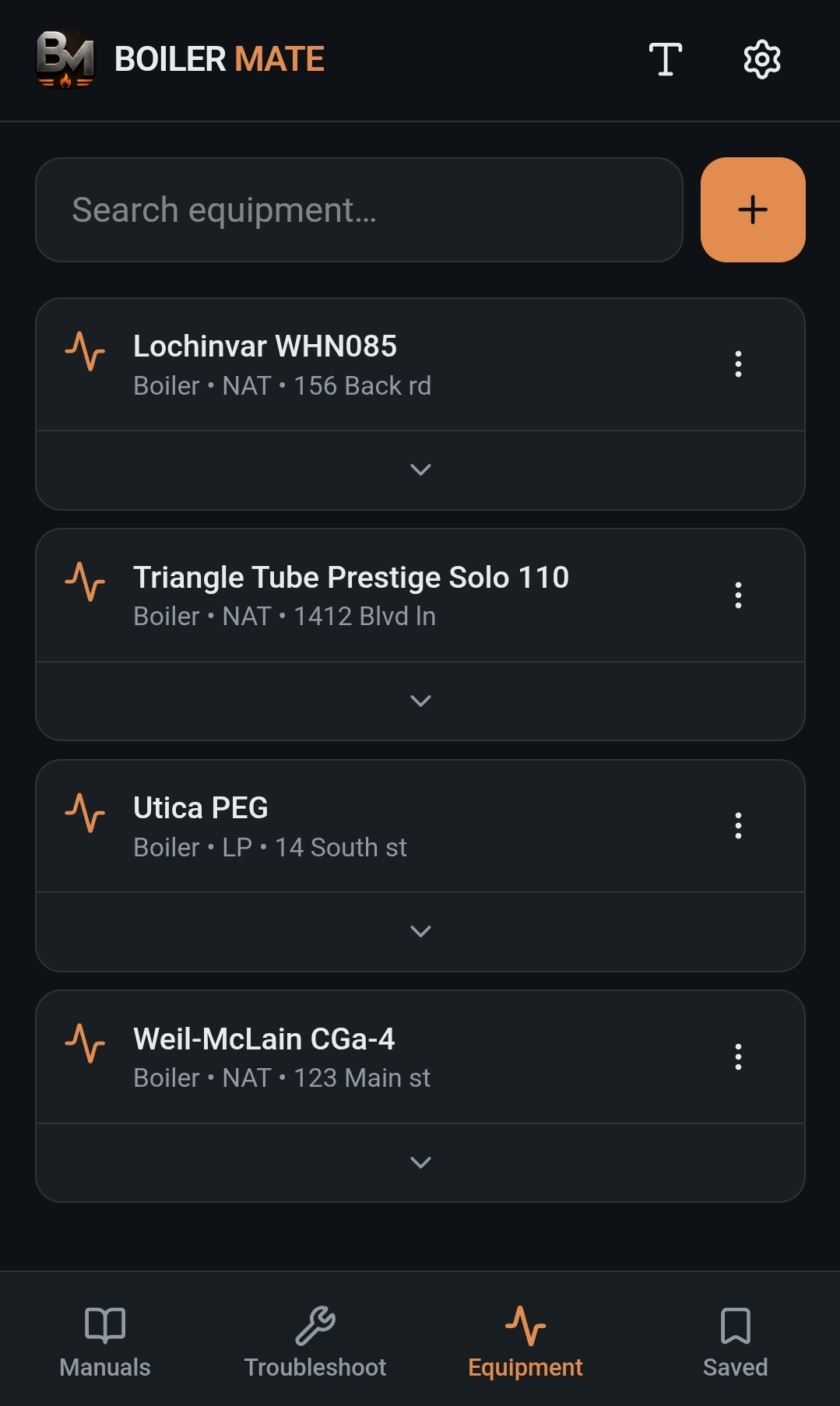 BoilerMate equipment history screen one