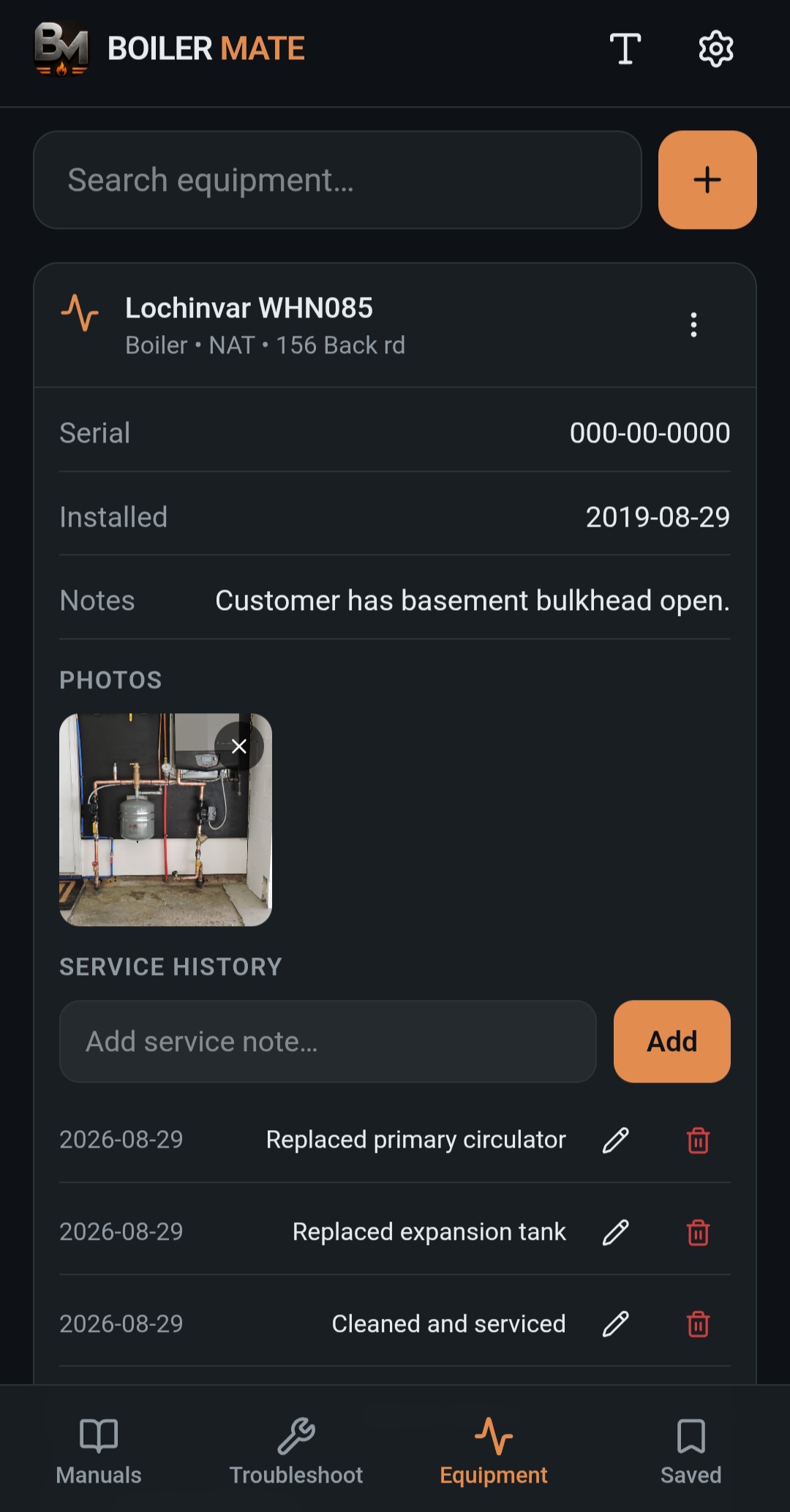 BoilerMate equipment history screen two